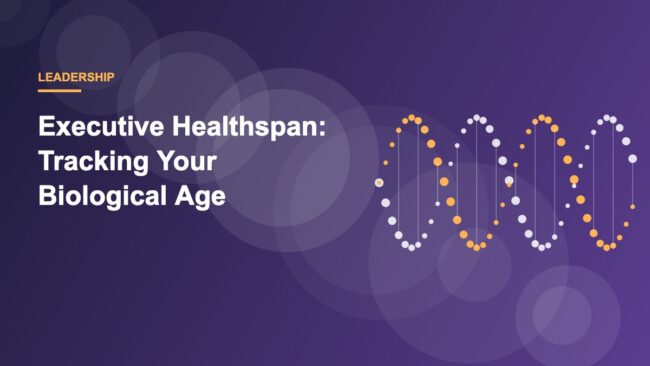 Abstract illustration of an ascending performance line merging into a DNA helix representing executive healthspan